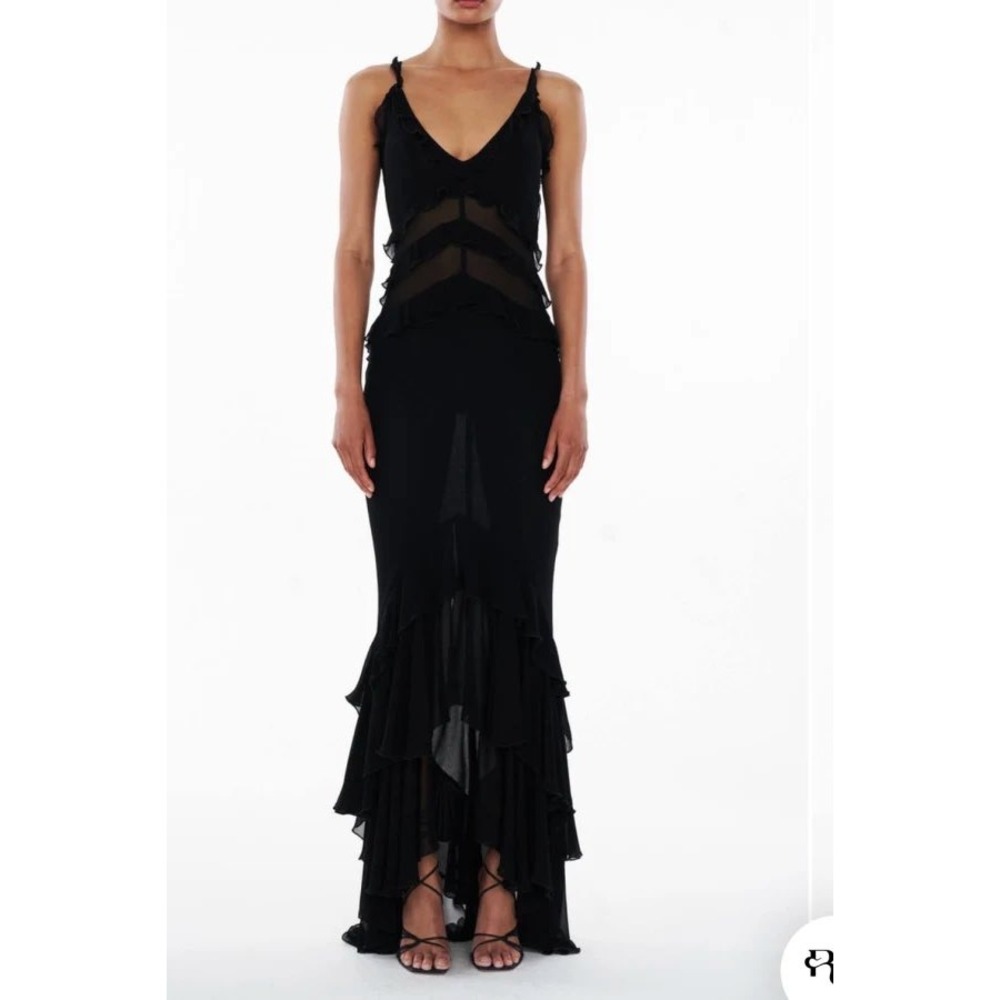 Rat & Boa Saphira Dress Black Mesh Ruffle Maxi Gown Open Back XXS